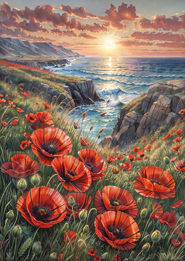 Red Poppy flowers near sea