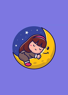 Cute Girl Sleeping On Moon