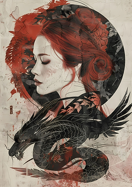 Japan Geisha and Dragon