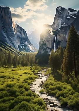 Sunny Waterfall in Forest