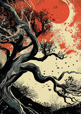 Asian Tree Red Landscape