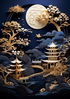 Paper cut asian landscape