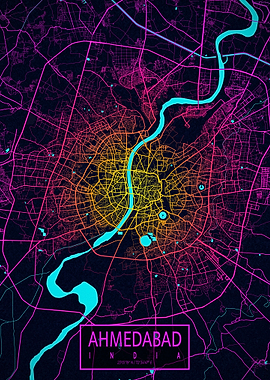 Ahmedabad City Map Neon
