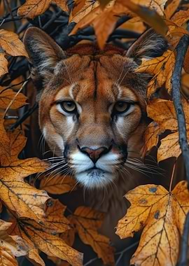 Puma Behind Fallen Leaves