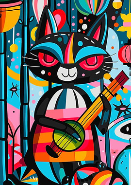 Cat Playing Banjo Colorful