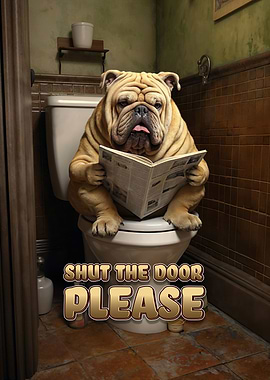Dog reading at the toilet
