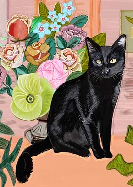 Black cat with flowers