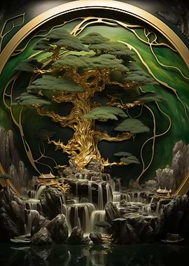 Asian Golden Tree Artwork