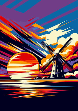 windmill sunset wpap art