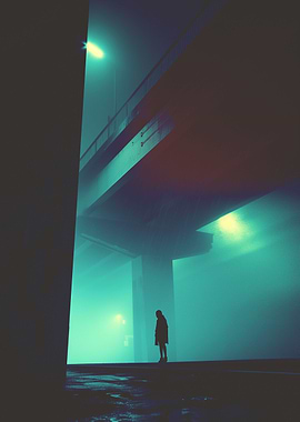 Lonely Foggy Night Bridge