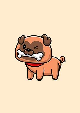 Cute Pug Dog Eat Bone