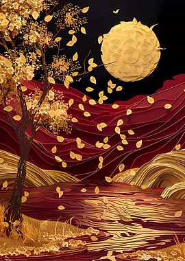 Abstract Golden Full Moon