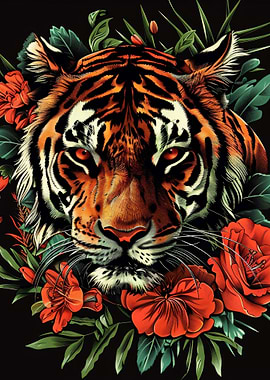 wild tiger and roses