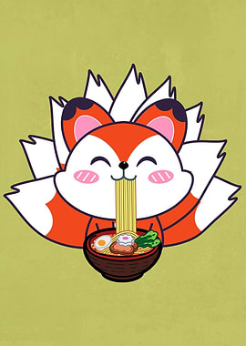 cute fox eating ramen