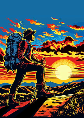 Hiking sunset pop art