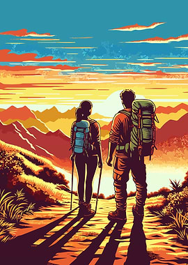 Hiking sunset pop art
