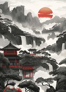 Red Sun Over Misty Falls