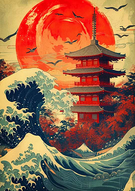 japanese wave red moon