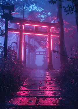 Torii Gate Bathed in Neon