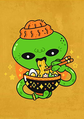 kawaii alien eating ramen