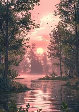 Pink Sunset Over The River