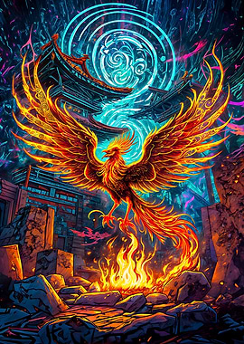 A phoenix rises from fire