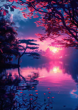 Japanese Neon Lake Scene