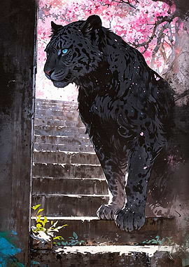 Black Leopard and Blossoms