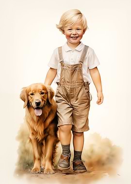 Kid and golden retriever