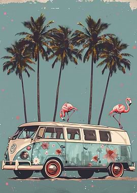 VW Flamingo Vintage Poster