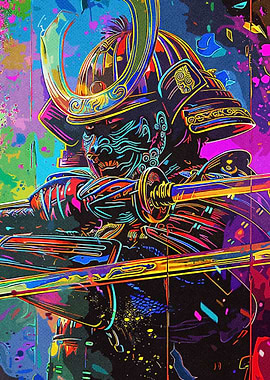 Line Art Neon Samurai