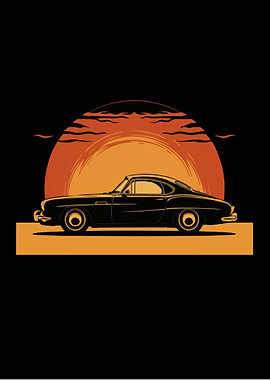 A classic car with sunset