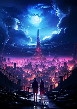 Vibrant City Moon Night