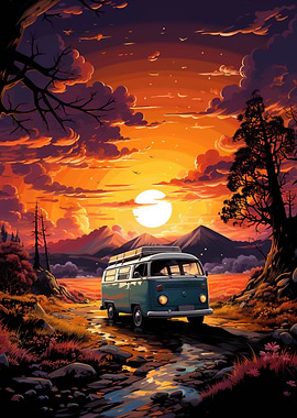Retro VW Bus Mountain Ride