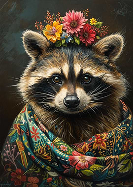 Raccoon with Flowers