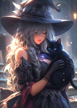Cute Witch and Black Cat