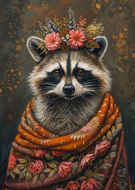 Raccoon with Flowers