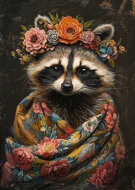 Raccoon with Flowers
