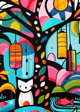 Fox in Abstract Garden