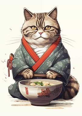 Japanese cat eat noodles