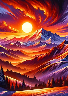 Snowy Mountainscape Sunset