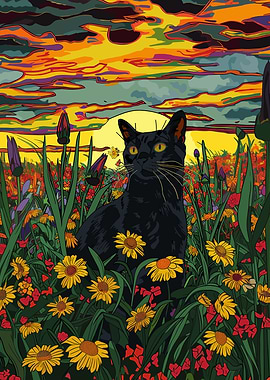 Cat in Field of Flowers