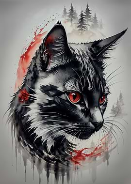 Japanese Ink Cat Red Eyes