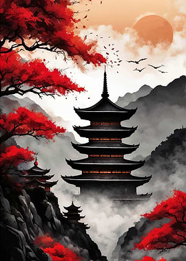 Japan Landscape Black Red