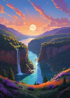 Sunset Fjord Waterfall