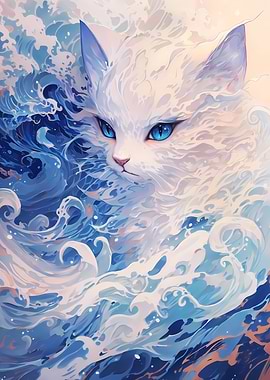 White Kitten Blue Wave