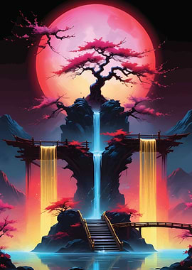 red moon Sakura Tree