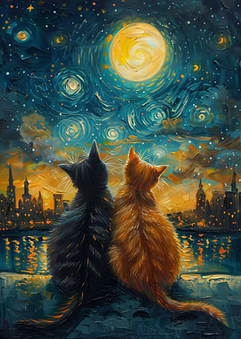 Starry Night Cats In Love
