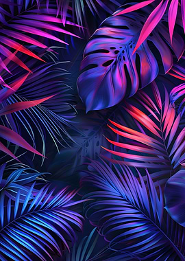 Tropical neon palm leaves