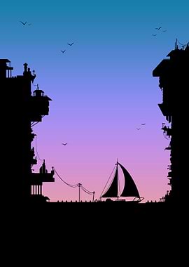 A sailing ship at dawn